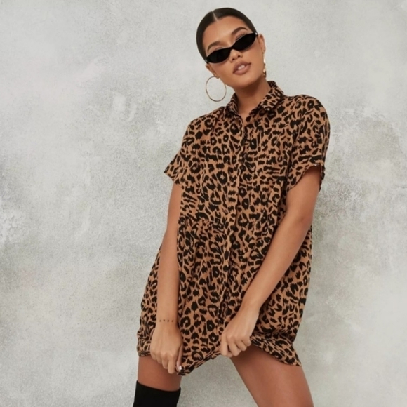 NWOT Missguided Brown Leopard Print Shirt Smock Mini Dress - Picture 1 of 16